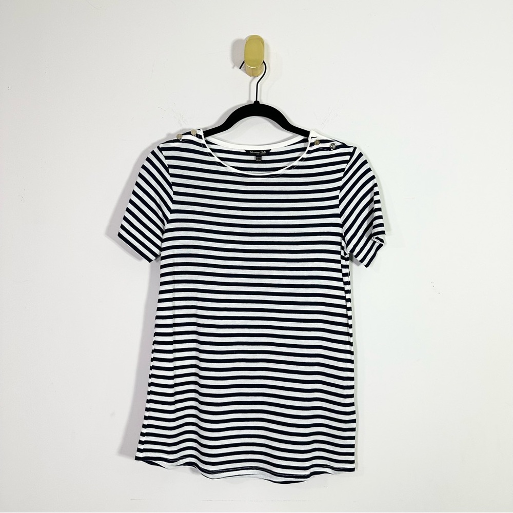 Massimo Dutti White Navy Striped Button Shoulder Short Sleeve Tee Shirt